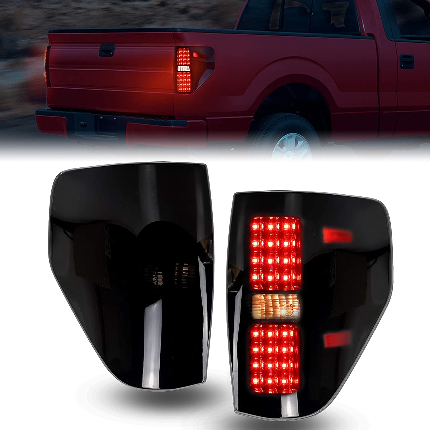 KEWISAUTO, LED Tail Lights Assembly for F150 09-14, Smoked Black LED Taillights Replacement Brake Rear Lamps