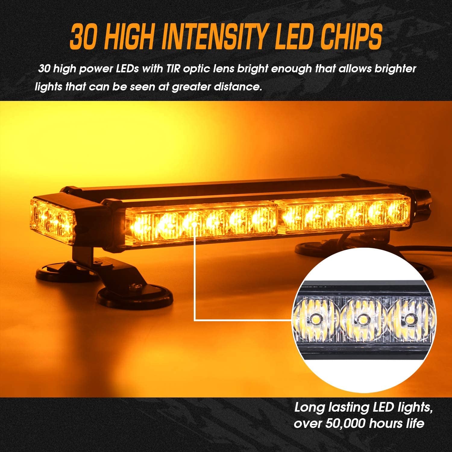 LINKITOM, LINKITOM Roof Top LED Strobe Light Bar -Double Side Amber 30 LED Emergency Hazard Warning Flashing Beacon Lighting Bar with Magnetic Base for Snow Plow, Trucks, Construction Vehicles