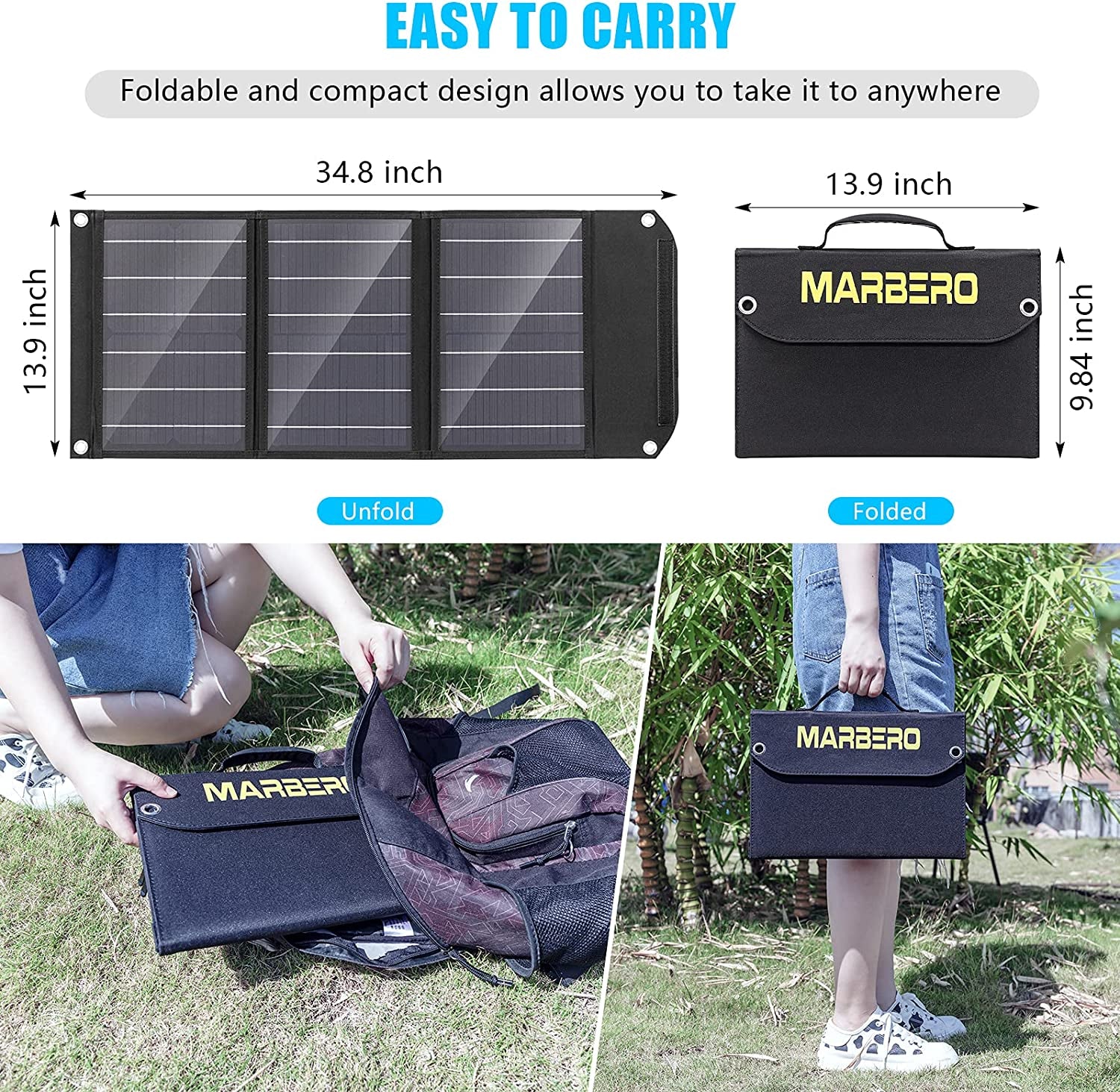 MARBERO, MARBERO 30W Solar Panel, Foldable Solar Panel Battery Charger for Portable Power Station Generator, Iphone, Ipad, Laptop, QC3.0 USB Ports & DC Output(10 Connectors) for Outdoor Camping Van RV Trip