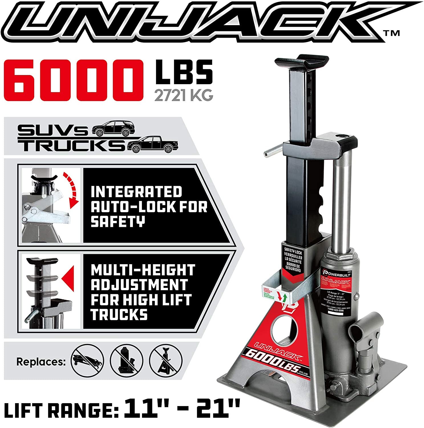 Alltrade Tools LLC, Powerbuilt 3 Ton, Bottle Jack and Jack Stands in One, 6000 Pound Capacity, All-In-One Car Lift, Heavy Duty Vehicle Unijack, Wide Base, 640471