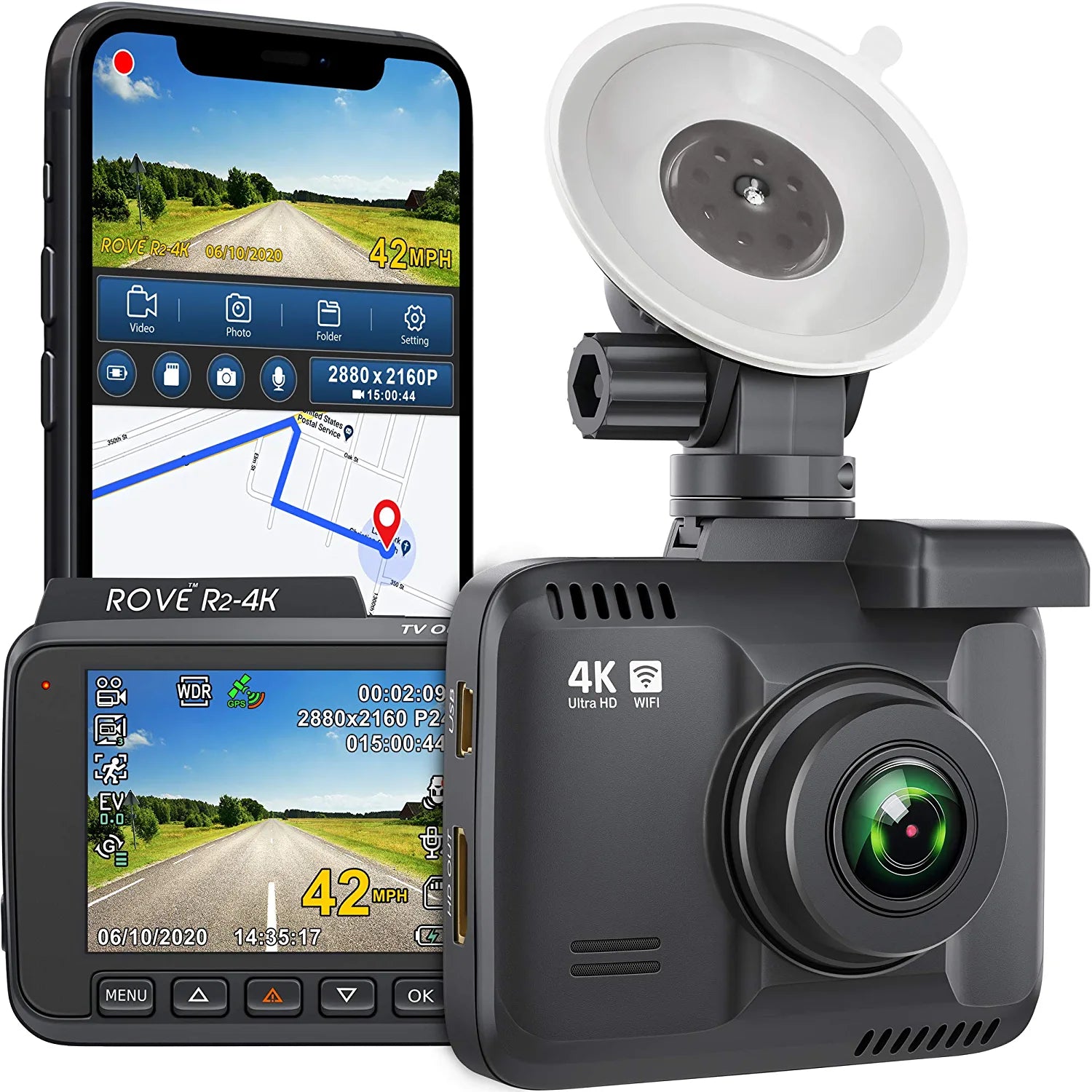 ROVE, R2- 4K Dash Cam Built in Wifi GPS Car Dashboard Camera Recorder with UHD 2160P, 2.4" LCD, 150° Wide Angle, WDR, Night Vision