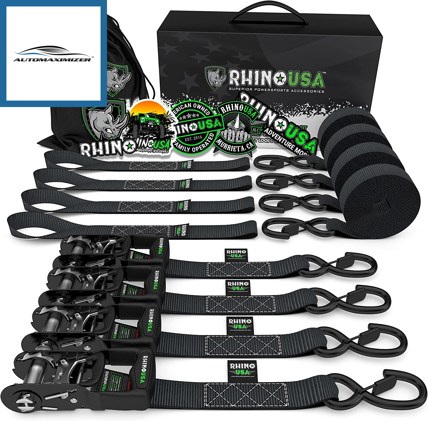 AutoMaximizer, RHINO USA Ratchet Straps Tie down Kit, 5,208 Break Strength - Includes (4) Heavy Duty Rachet Tiedowns with Padded Handles & Coated Chromoly S Hooks + (4) Soft Loop Tie-Downs