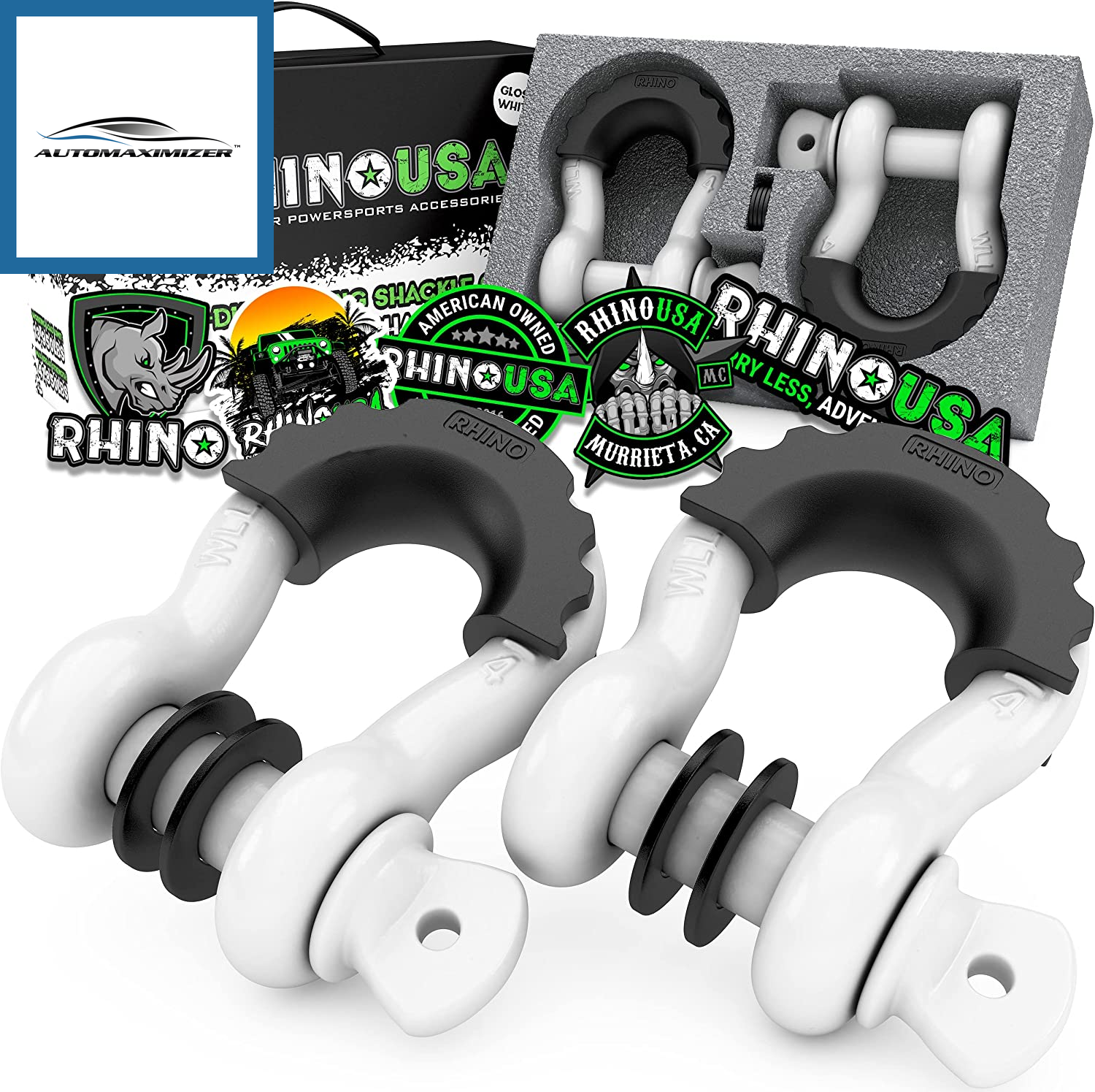 AutoMaximizer, Rhino USA D Ring Shackle 41,850Lb Break Strength – 3/4” Shackle with 7/8 Pin for Use with Tow Strap, Winch, Off-Road Jeep Truck Vehicle Recovery, Best Offroad Towing Accessories (White 2-Pack)