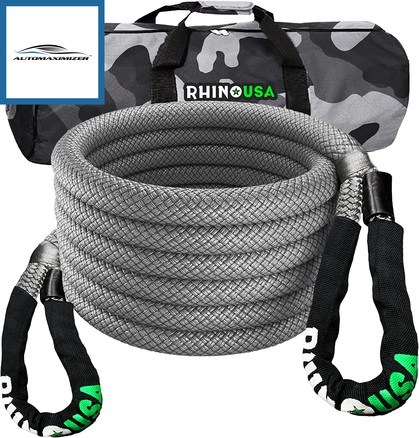 AutoMaximizer, Rhino USA Kinetic Recovery Tow Rope (1In X 30Ft Gray) Heavy Duty Offroad Snatch Strap for UTV, ATV, Truck, Car, Jeep, Tractor - Ultimate Elastic Straps Towing Gear - Guaranteed for Life!