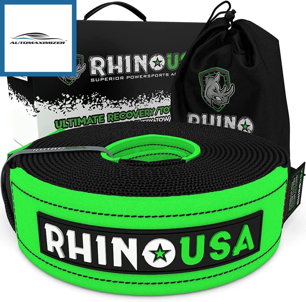 AutoMaximizer, Rhino USA Recovery Tow Strap (4" X 30') Lab Tested 40,320Lb Break Strength, Premium Draw String Bag Included, Triple Reinforced Loop Straps to Ensure Peace of Mind - Emergency off Road Towing Rope