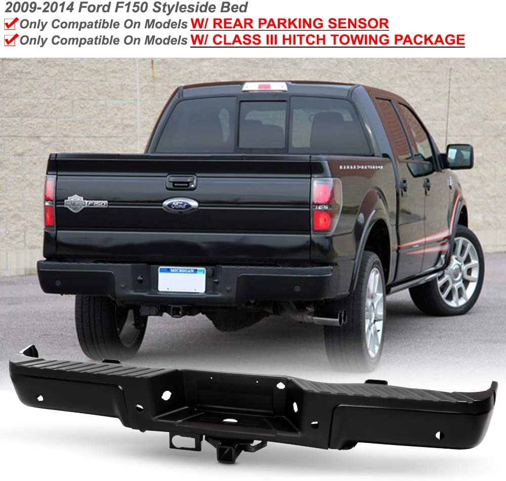 AutoMaximizer, - for 2009-2014 Ford F150 Pickup Styleside Bed W/Iii Hitch & Sensor Hole Black Complete Rear Bumper