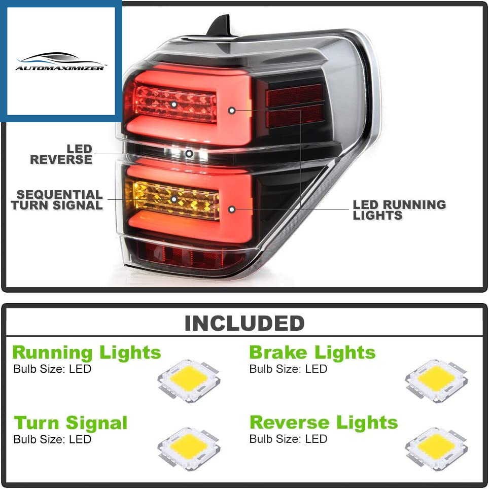 AutoMaximizer, - for 2010-2020 Toyota 4Runner SUV Black Housing Full LED Tube W/Sequential Signal Tail Lights Lamps Left+Right